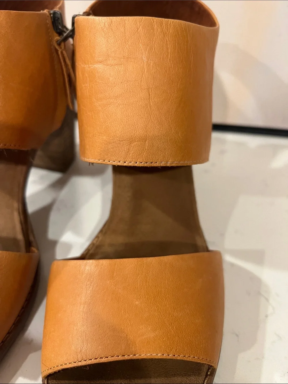 TOMS Majorca Cut-out Block Heel Sandals in tan leather with side zipper size 12